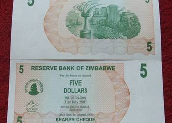 ZIMBABWE 5 DOLARÓW ZIELONY Kolekcjonerski Banknot 1 szt UNC