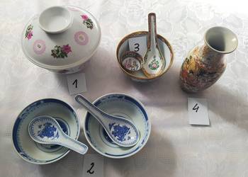Chińska porcelana, miseczki, szkatułka, flakon
