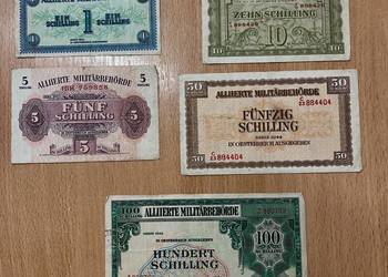 Zestaw banknotów 1, 5, 10, 50, 100 Schilling