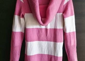 długi sweter różowybiały pasy paski S 36 golf z golfem łódka