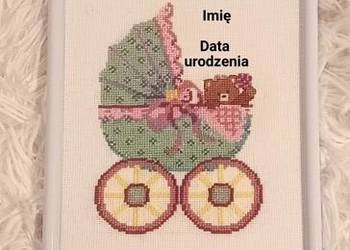 Haft krzyżykowy metryczka dla dziecka wózek i miś obraz