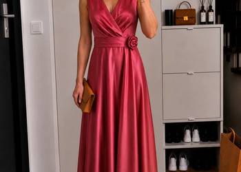 Elegancka sukienka damska 42 XL satynowa malinowa wesele komunia