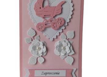 ZAPROSZENIA CHRZEST WÓZEK W SERCU C6 RÓŻ - BIEL