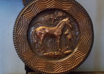 Piękna Stara Patera z Końmi-Mosiężny Obraz-Na ścianę-Vintage