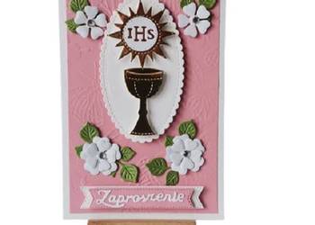 ZAPROSZENIA KOMUNIA DZIEWCZYNKA KIELICH SŁONECZKO W KWIATACH B6 RÓŻ - BIEL