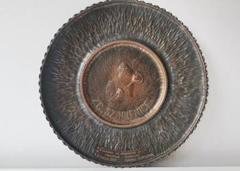 Stary miedziany talerz Huta Cynku Katowice Szopienice, metaloplastyka PRL