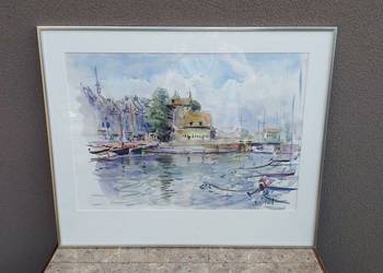 108 Stary obraz akwarela Port sygnowany oprawiony passe partout 75x62cm