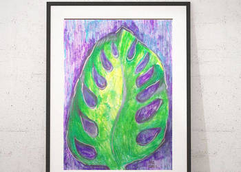 monstera obraz A4, liść rysunek do domu, boho dekoracja 21x3