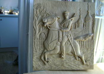 Starocie z PRL Militaria Drzeworyt "Ułan pod Lwowem", 37 cm x 43 cm UNIKAT