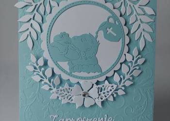 ZAPROSZENIA CHRZEST ŚWIĘTY DZIECKO NA PODUSZCE W SERWETCE K4 BŁĘKIT