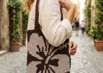 Dwukolorowa torebka shopperka crochet z rafii, ręczne robiona