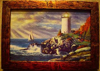 Mała reprodukcja malarska - pejzaż nadmorski .