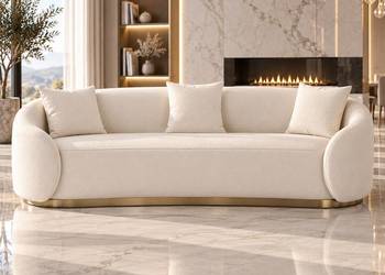 Sofa glamour welurowa biała 220 cm ze złotą podstawą Elara