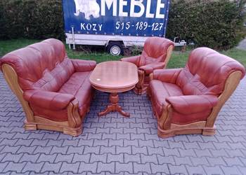 Komplet KLER , Rozkładany 3+2+1 i Ława Rozkładana , Dąb - Skóra Brąz