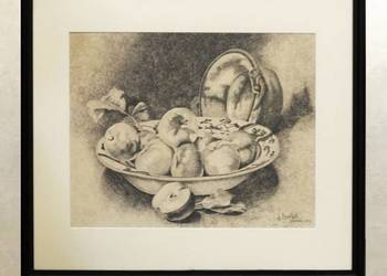 Martwa natura -owoce J. Brossillon Bruxelles 1929r Rysunek piórkiem 70/60