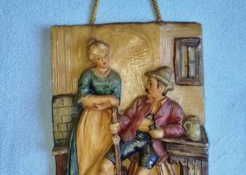 Stary niemiecki relief woskowy Wachsrelief – ręcznie malowana scena