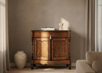 DREWNIANA KOMODA na nóżkach MAHOŃ ANTYK 1 połowa XX wieku szuflada półka