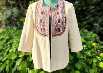 Kurtka marynarka narzutka Mango XL boho bohemian etno beż haft folk żakiet