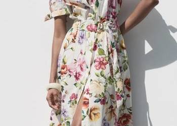 Sukienka midi długa Zara M L bawełna kwiaty kieszenie pasek