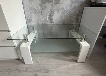 Stolik kawowy / ława szklana 120x60x45 cm z półką (biały połysk)