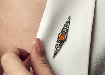 Stara broszka wiktoriańska, bursztyn bałtycki, srebro 925, PRL vintage