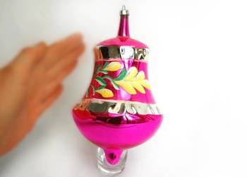 Stara bombka szklana ręcznie malowana duży dzwonek różowy  PRL vintage