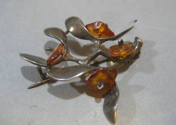 Stara Srebrna Broszka z Bursztynem Vintage