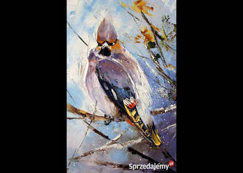 Kowalik - Jemiołuszka - 20x30cm Obraz Olejny Szpachla Ptak Ptaszek