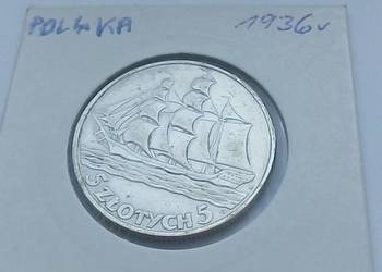POLSKA-5 ZŁ-1936 r SREBRO (750)-ŻAGLOWIEC