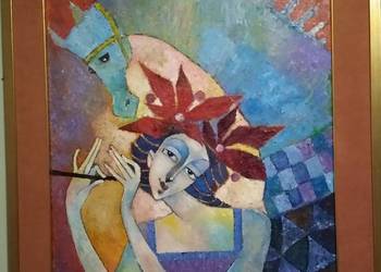 Jan Bonawentura Ostrowski olej płótno "Kobieta i koń" 60x70 cm.