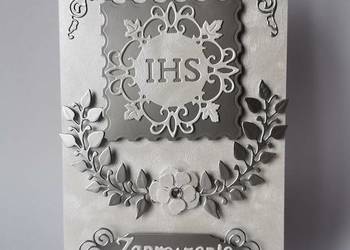 ZAPROSZENIA KOMUNIA UNIWERSALNE IHS Z KORONĄ W ŁUKU – B6 – SREBRO JASNE -