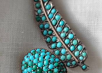 Broszka srebrna vintage z naturalnymi turkusami pave retro