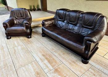 Wypoczynek skórzany stylowy brązowy kanapa fotel skóra naturalna komplet