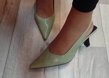 (40/41) Zielone/ oliwkowe Czółenka wieczorowe z odkrytą piętą, NOWE