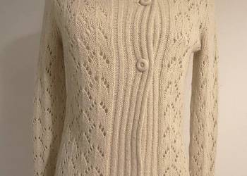 Sweter Kardigan Wełniany z Angorą Rozpinany Kremowy Ażurowy S/M