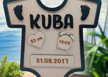 Drewniana Wisząca Metryczka Narodzin Urodzin 3D Chrzest Roczek Grawer