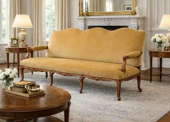 Klasyczna sofa trzyosobowa w stylu ludwikowskim, rzeźbiona rama