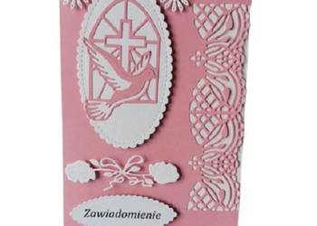 Zawiadomienia Komunia Dziewczynka Gołąb W Oknie Ramka Ozdobna B6 Róż - Biel