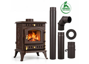 Piec żeliwny piecyk koza kominek  ATENA 9KW DO SALONU + ZETAW RUR FI 130