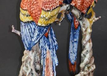 Roceram porcelana Papugi ptaki duże piękne czerwono-niebieskie 42cm