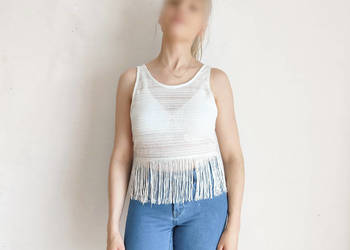 Krótka bluzka crop top H&M XS 34 S 36 biała frędzle boho boh
