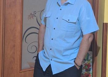 Męska lniana koszula blue casual henley krótki rękaw rozmiar XL