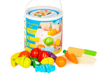 Drewniane warzywa i owoce do krojenia 13 elementów + wiaderko