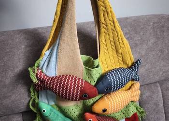 Duża boho torba z rybkami, shopper na ramię, plaża, zakupy, codzienna
