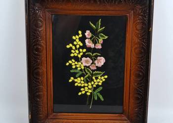 Obrazek haftowany bukiet drewniana rama 40/32cm rękodzieło poł. XXw