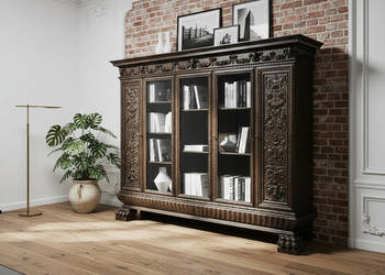 DREWNIANA BIBLIOTEKA DĘBOWA styl neorenesans rzeźbione lwie łapy LATA 40.