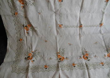 Obrus lniany duży prostokątny w pomarańczowe kwiaty PRL Obrus lniany duży prostokątny w pomarańczowe kwiaty PRL