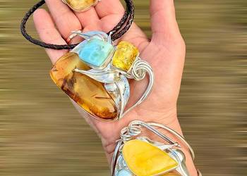 Komplet unikat srebro 925 bursztyn bałtycki larimar artystyczny