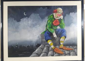 Klaun siedzi na dachu, na kominie malowidło za szkłem 78/60cm podpis