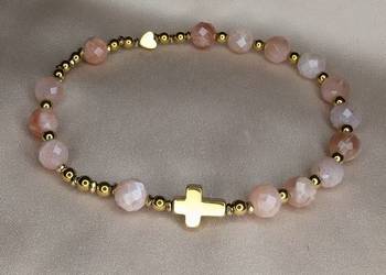Bransoletka różaniec kamień słoneczny krzyżyk serduszko prezent pamiątka